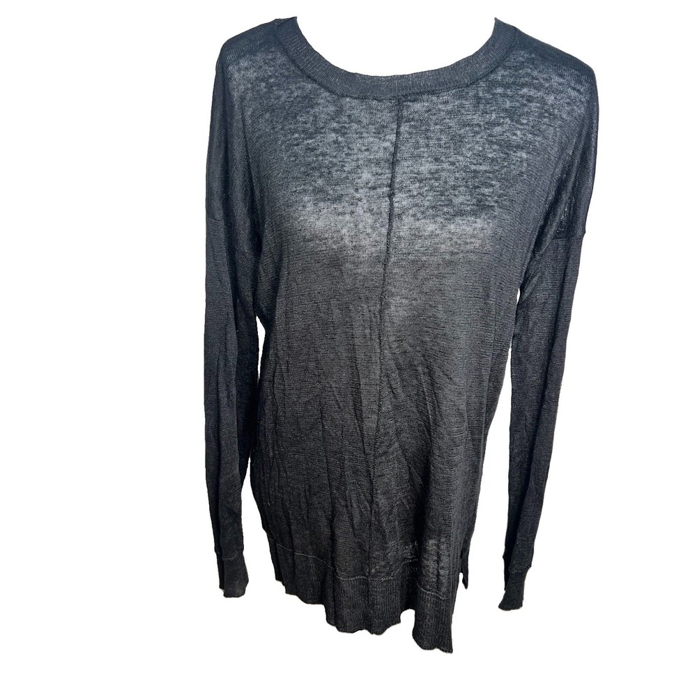 Pure Amici Sheer Exposed Center Seam Charcoal Gray Linen Knit Pullover Sweater S